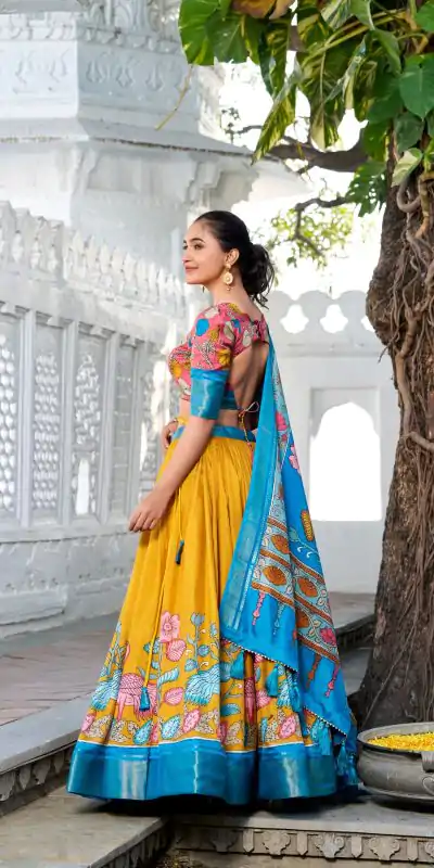 LNB 1234 Sky Blue Color Dola Silk Kalamkari Print Zari Border Lehenga Choli  Wedding, Party, Festive, Events Etc. Delivery 4-6 Working Days Rs 2149 | Bollywood Lehenga, Creative Lehenga, Designer Lehenga, Embroidered Lehenga, Lehenga, Party Wear Lehenga