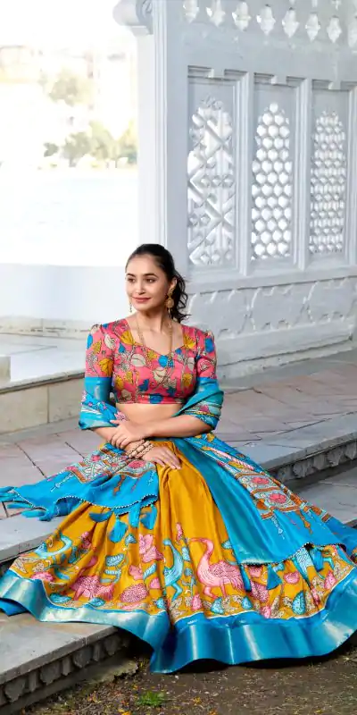 LNB 1234 Sky Blue Color Dola Silk Kalamkari Print Zari Border Lehenga Choli  Wedding, Party, Festive, Events Etc. Delivery 4-6 Working Days Rs 2149 | Bollywood Lehenga, Creative Lehenga, Designer Lehenga, Embroidered Lehenga, Lehenga, Party Wear Lehenga