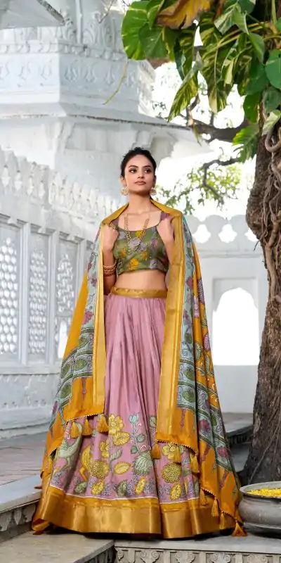 LNB 1234 Yellow Color Dola Silk Kalamkari Print Zari Border Lehenga Choli  Wedding, Party, Festive, Events Etc. Delivery 4-6 Working Days Rs 2149 | Bollywood Lehenga, Creative Lehenga, Designer Lehenga, Embroidered Lehenga, Lehenga, Party Wear Lehenga