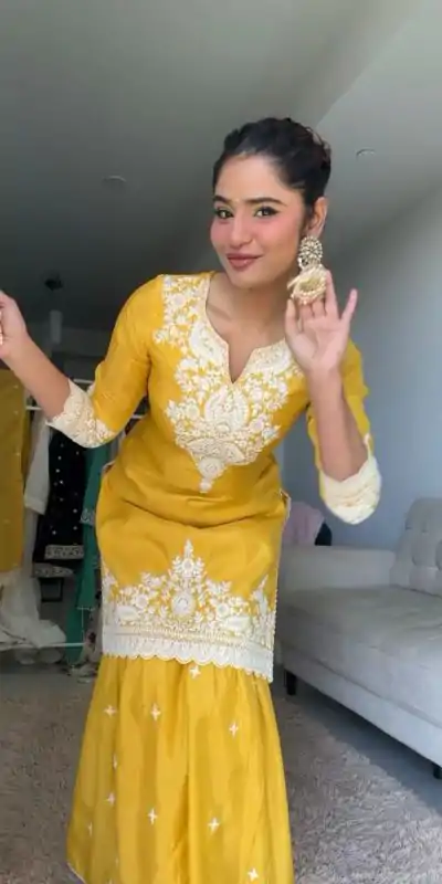 RTC 5827 Yellow  Color Chinnon Silk thread With Sequence Sharara Suit Wedding, Party, Festive, Events Etc.  Expected Delivery 4-6 Working Days @2399/- | Jump Suits, Casual Suits, Creative suits, Designer Suits, Palazzo Suits, Party Wear Suits, Patiala Suits, Salwar suit, Straight Suits