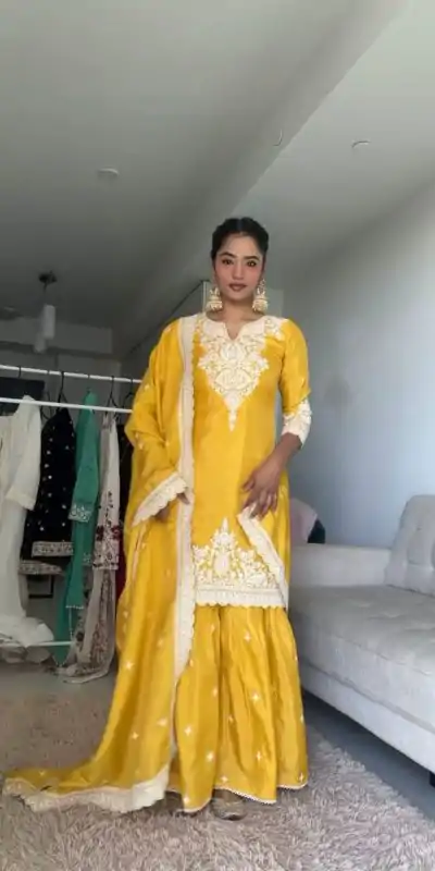 RTC 5827 Yellow  Color Chinnon Silk thread With Sequence Sharara Suit Wedding, Party, Festive, Events Etc.  Expected Delivery 4-6 Working Days @2399/- | Jump Suits, Casual Suits, Creative suits, Designer Suits, Palazzo Suits, Party Wear Suits, Patiala Suits, Salwar suit, Straight Suits