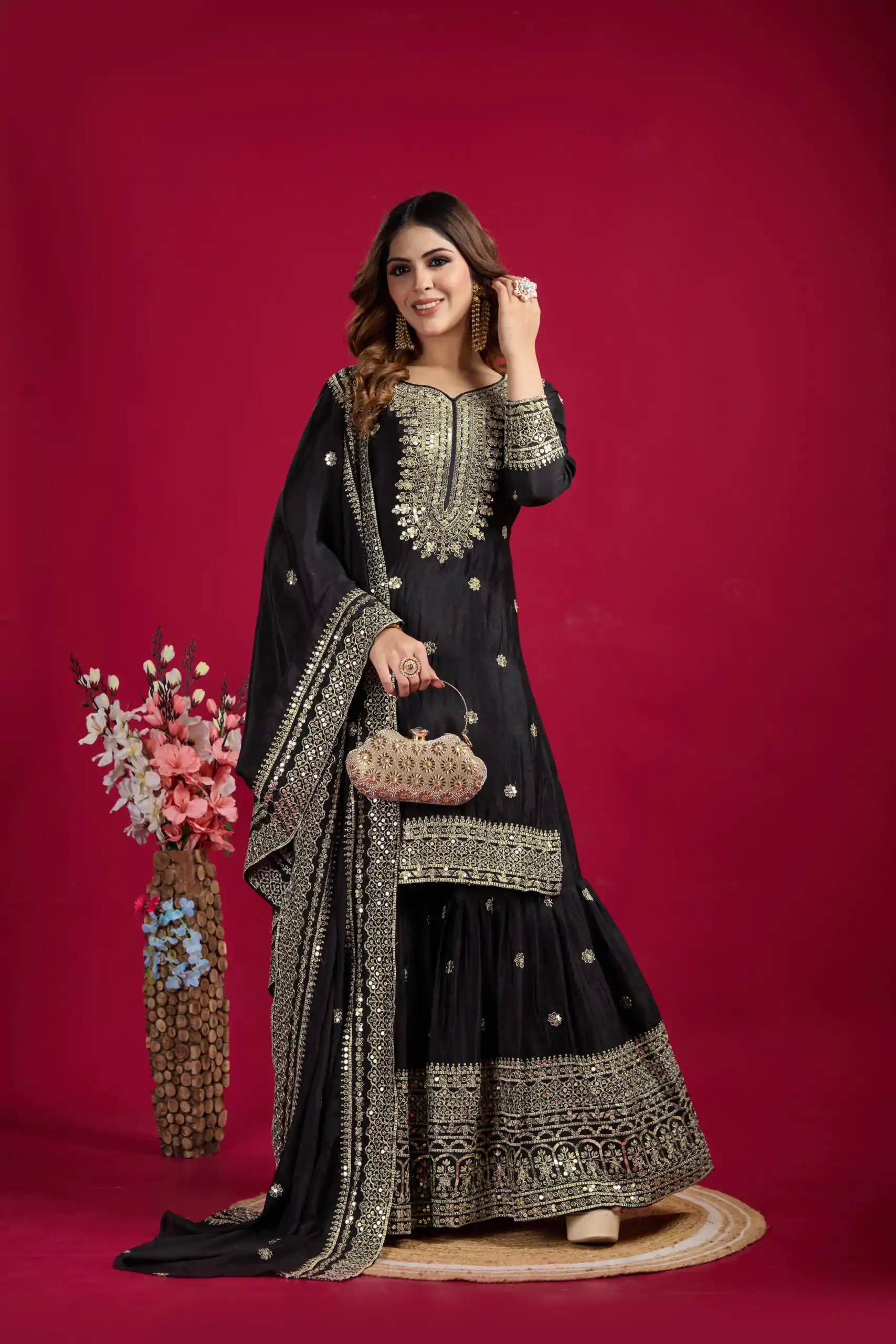 NSR-800 Black Color Chinnon Silk With Embroidery Work Sharara Suit Wedding, Party, Festive, Events Etc.  Expected Delivery 4-6 Working Days @2149/- | Jump Suits, Casual Suits, Creative suits, Designer Suits, Palazzo Suits, Party Wear Suits, Patiala Suits, Salwar suit, Straight Suits