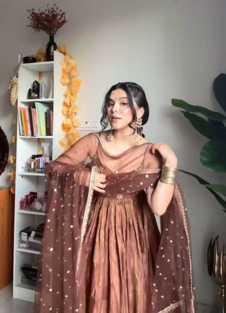 SRK 5239 Brown Color Fendi Silk With Embroidery Sequence Work Anarkali Gown Wedding Party, Festive, Events Etc.4-6 Working Days@1999/- only | Bollywood Gowns, Creative Gowns, Designer Gowns, Embroidered Gowns, Gowns, Party Wear Gowns, Straight Suits