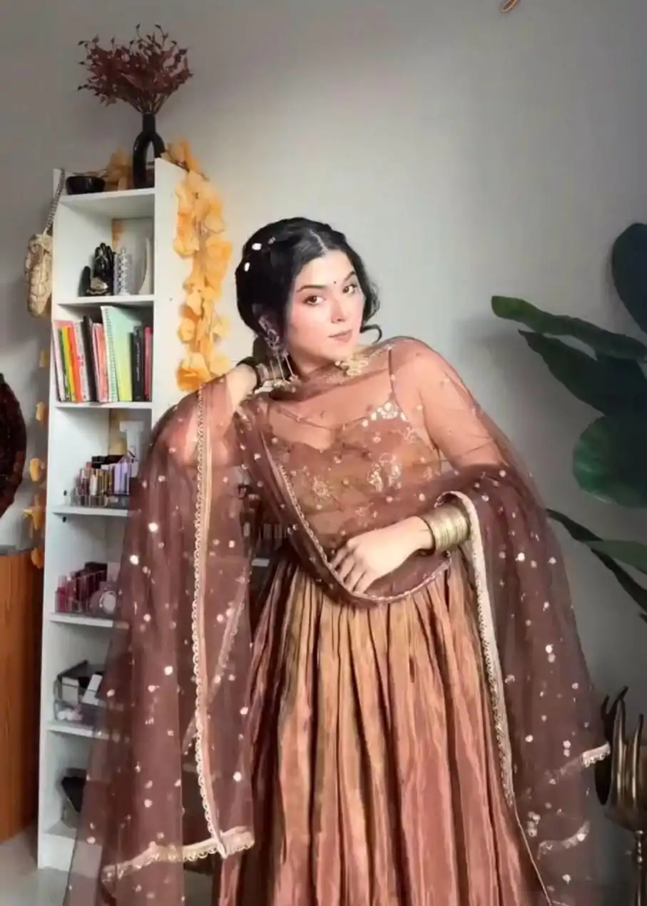 SRK 5239 Brown Color Fendi Silk With Embroidery Sequence Work Anarkali Gown Wedding Party, Festive, Events Etc.4-6 Working Days@1999/- only | Bollywood Gowns, Creative Gowns, Designer Gowns, Embroidered Gowns, Gowns, Party Wear Gowns, Straight Suits