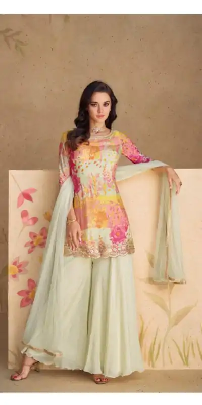 FC 5539 Cream Color chinon Print Silk with Dall US Crepe Sharara Suit Wedding, Party, Festive, Events Etc.  Expected Delivery 4-6 Working Days @2099/- | Jump Suits, Casual Suits, Creative suits, Designer Suits, Palazzo Suits, Party Wear Suits, Patiala Suits, Salwar suit, Straight Suits