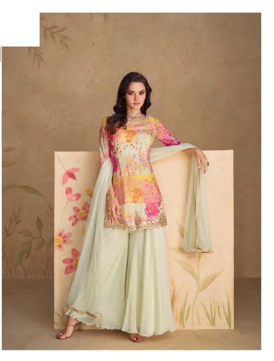 FC 5539 Cream Color chinon Print Silk with Dall US Crepe Sharara Suit Wedding, Party, Festive, Events Etc.  Expected Delivery 4-6 Working Days @2099/- | Jump Suits, Casual Suits, Creative suits, Designer Suits, Palazzo Suits, Party Wear Suits, Patiala Suits, Salwar suit, Straight Suits