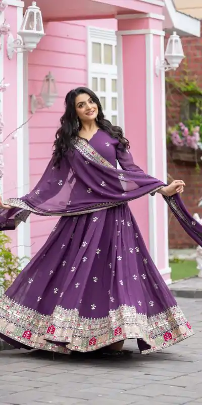NSR 838 Purple  Color Faux Georgette With Embroidery Sequence Work Anarkali Gown Wedding Party, Festive, Events Etc.4-6 Working Days@2399/- only | Bollywood Gowns, Creative Gowns, Designer Gowns, Embroidered Gowns, Gowns, Party Wear Gowns, Straight Suits