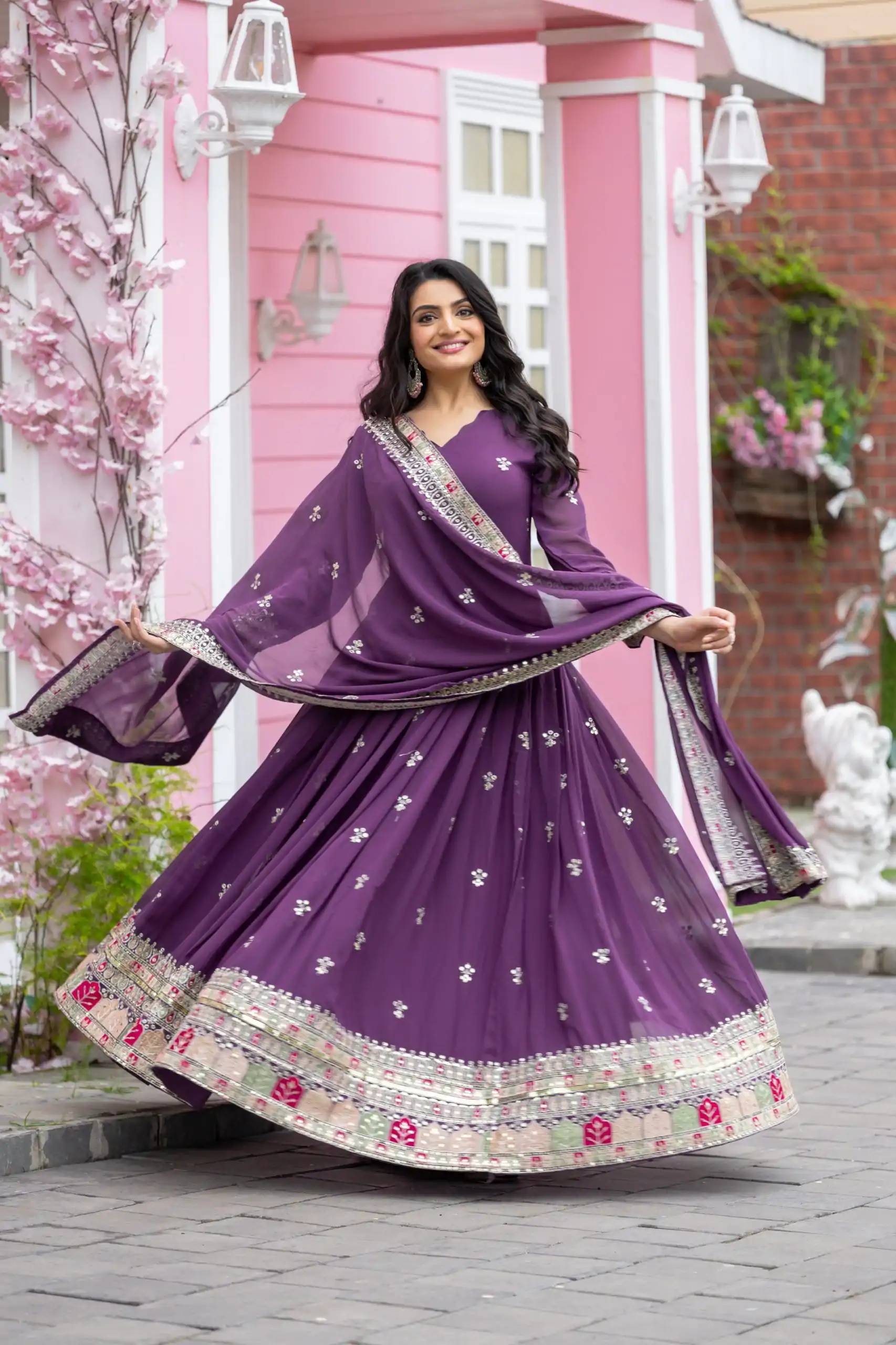 NSR 838 Purple  Color Faux Georgette With Embroidery Sequence Work Anarkali Gown Wedding Party, Festive, Events Etc.4-6 Working Days@2399/- only | Bollywood Gowns, Creative Gowns, Designer Gowns, Embroidered Gowns, Gowns, Party Wear Gowns, Straight Suits