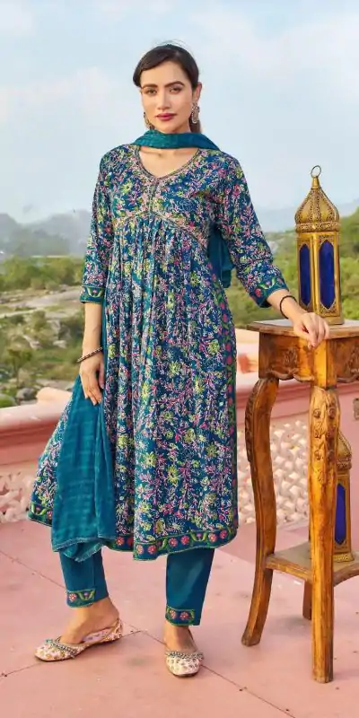  NILI Aliaa NX Blue Color Rayon Alia Cut With Embroidery Work Kurti Casual, Wedding, Party, Festive, Events Etc. 4-6 Working Days @1699/- | Bollywood Kurti, Creative Kurtis, Designer Kurti, Kurti, Party Wear Kurti, Selfie Kurti