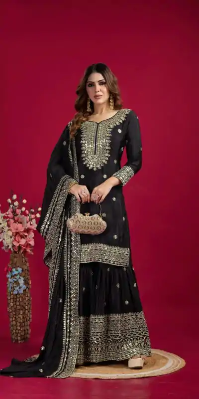 NSR-800 Black Color Chinnon Silk With Embroidery Work Sharara Suit Wedding, Party, Festive, Events Etc.  Expected Delivery 4-6 Working Days @2149/- | Jump Suits, Casual Suits, Creative suits, Designer Suits, Palazzo Suits, Party Wear Suits, Patiala Suits, Salwar suit, Straight Suits
