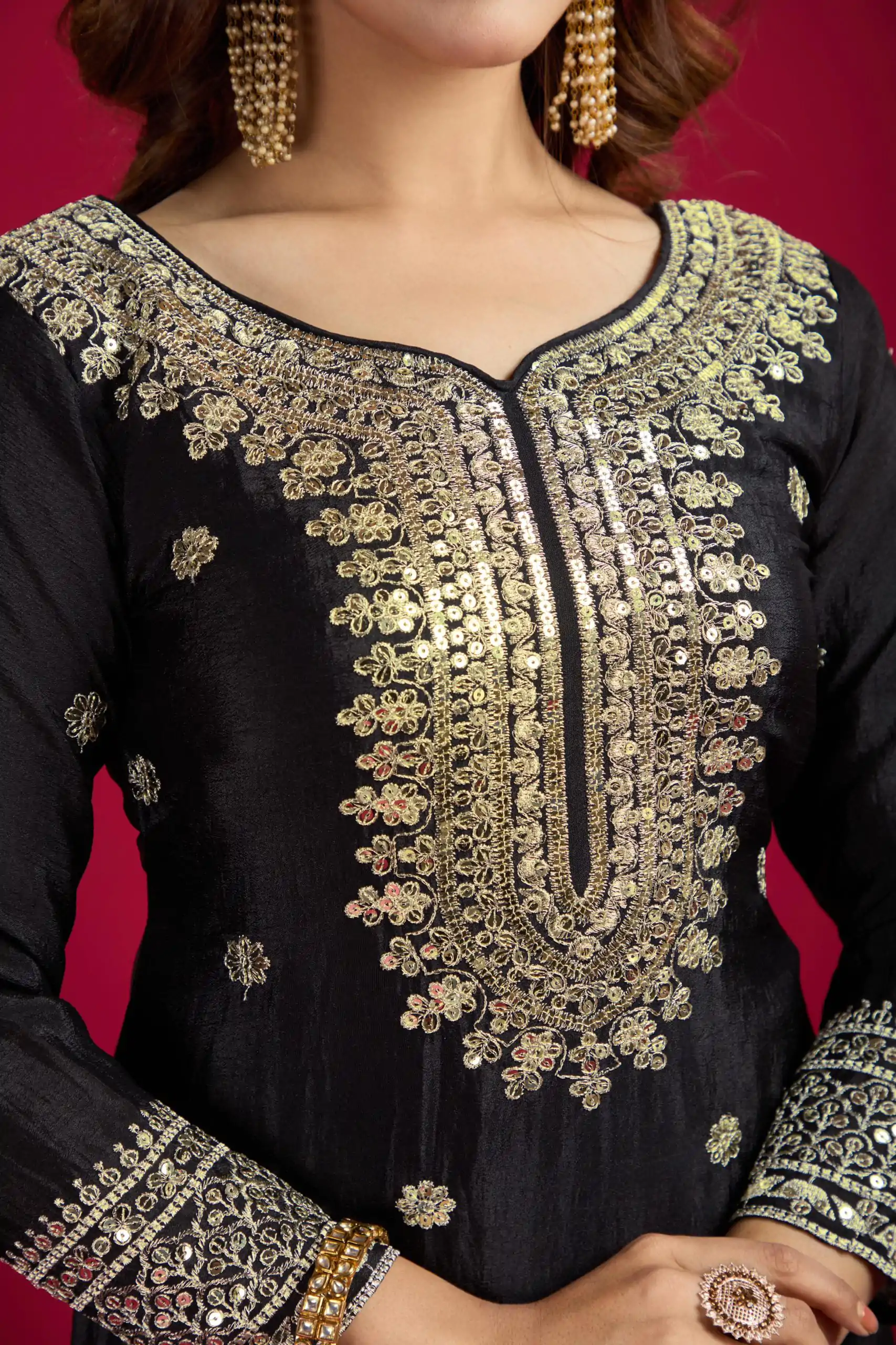 NSR-800 Black Color Chinnon Silk With Embroidery Work Sharara Suit Wedding, Party, Festive, Events Etc.  Expected Delivery 4-6 Working Days @2149/- | Jump Suits, Casual Suits, Creative suits, Designer Suits, Palazzo Suits, Party Wear Suits, Patiala Suits, Salwar suit, Straight Suits