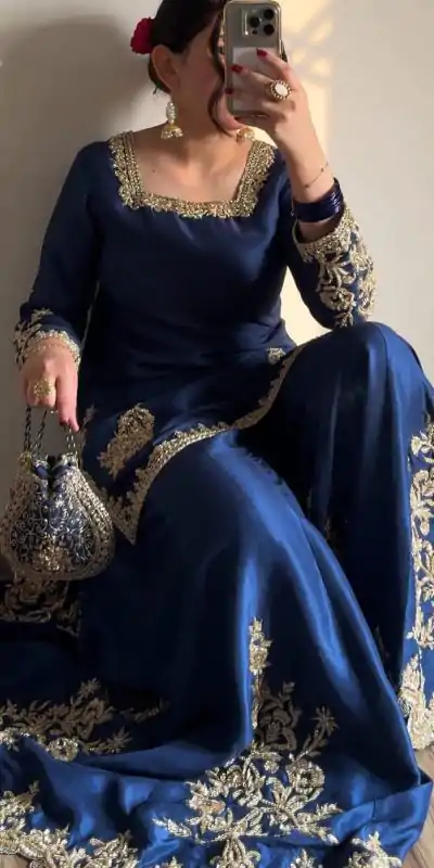 LG 1872 Blue Color Chinnon Silk With Embroidery Work Sharara Suit Wedding, Party, Festive, Events Etc.  Expected Delivery 4-6 Working Days @2049/- | Jump Suits, Casual Suits, Creative suits, Designer Suits, Palazzo Suits, Party Wear Suits, Patiala Suits, Salwar suit, Straight Suits