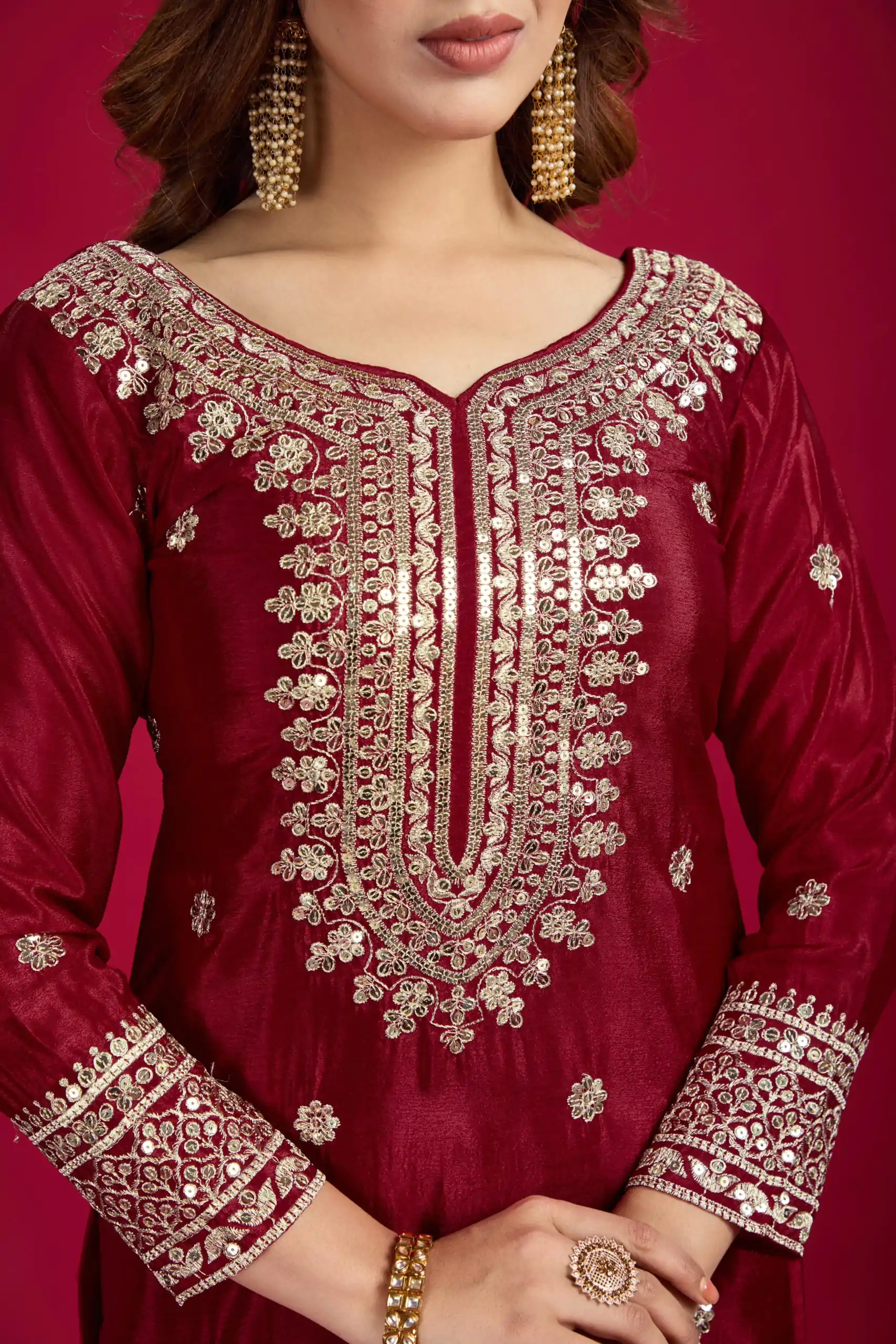 NSR-800 Marron Color Chinnon Silk With Embroidery Work Sharara Suit Wedding, Party, Festive, Events Etc.  Expected Delivery 4-6 Working Days @2149/- | Jump Suits, Casual Suits, Creative suits, Designer Suits, Palazzo Suits, Party Wear Suits, Patiala Suits, Salwar suit, Straight Suits