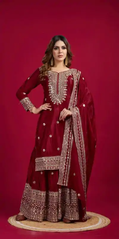 NSR-800 Marron Color Chinnon Silk With Embroidery Work Sharara Suit Wedding, Party, Festive, Events Etc.  Expected Delivery 4-6 Working Days @2149/- | Jump Suits, Casual Suits, Creative suits, Designer Suits, Palazzo Suits, Party Wear Suits, Patiala Suits, Salwar suit, Straight Suits