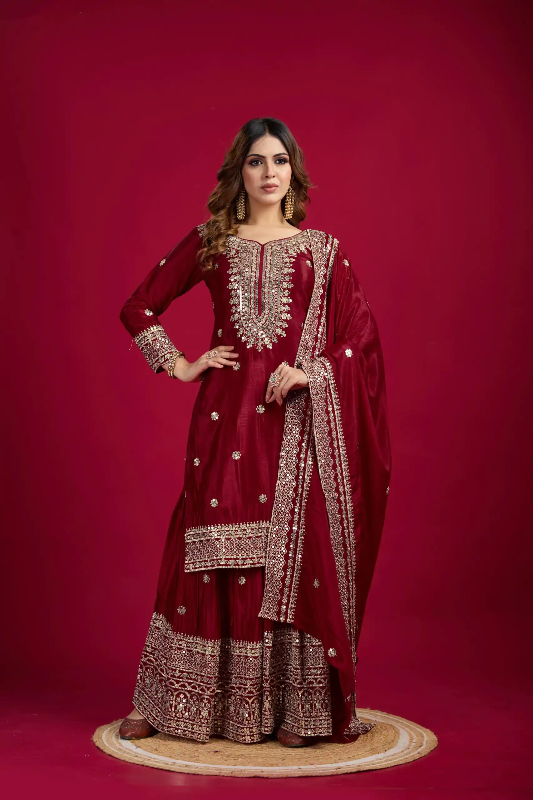 NSR-800 Marron Color Chinnon Silk With Embroidery Work Sharara Suit Wedding, Party, Festive, Events Etc.  Expected Delivery 4-6 Working Days @2149/- | Jump Suits, Casual Suits, Creative suits, Designer Suits, Palazzo Suits, Party Wear Suits, Patiala Suits, Salwar suit, Straight Suits
