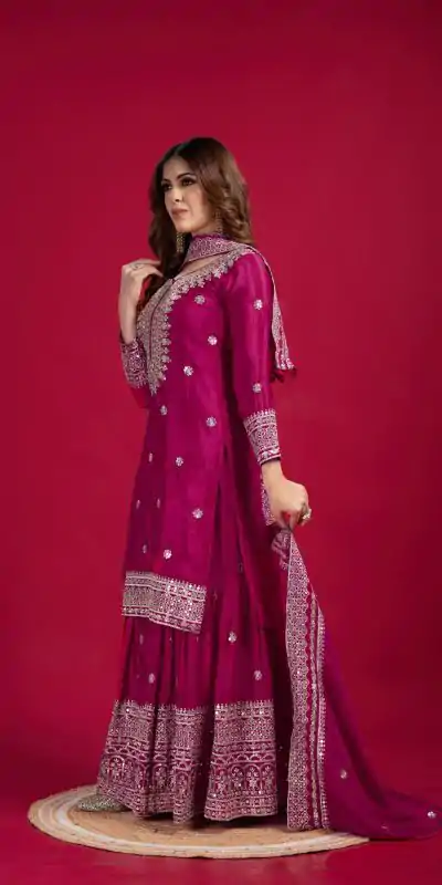 NSR-800 Pink Color Chinnon Silk With Embroidery Work Sharara Suit Wedding, Party, Festive, Events Etc.  Expected Delivery 4-6 Working Days @2149/- | Jump Suits, Casual Suits, Creative suits, Designer Suits, Palazzo Suits, Party Wear Suits, Patiala Suits, Salwar suit, Straight Suits