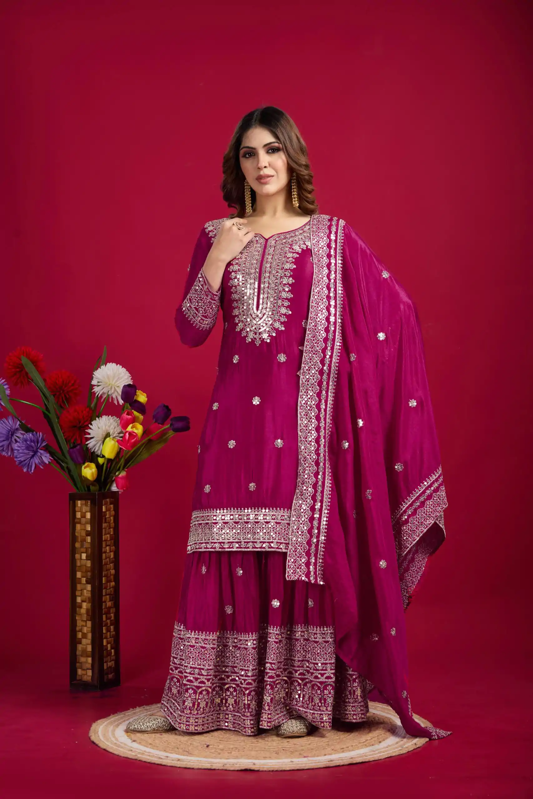 NSR-800 Pink Color Chinnon Silk With Embroidery Work Sharara Suit Wedding, Party, Festive, Events Etc.  Expected Delivery 4-6 Working Days @2149/- | Jump Suits, Casual Suits, Creative suits, Designer Suits, Palazzo Suits, Party Wear Suits, Patiala Suits, Salwar suit, Straight Suits