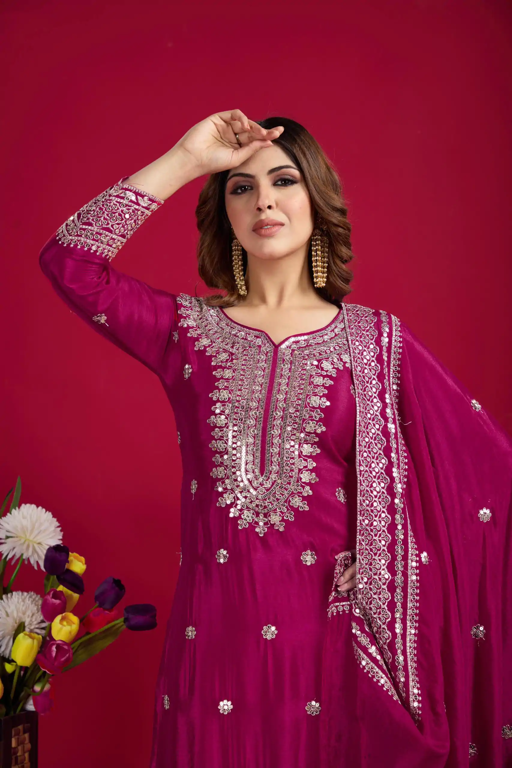 NSR-800 Pink Color Chinnon Silk With Embroidery Work Sharara Suit Wedding, Party, Festive, Events Etc.  Expected Delivery 4-6 Working Days @2149/- | Jump Suits, Casual Suits, Creative suits, Designer Suits, Palazzo Suits, Party Wear Suits, Patiala Suits, Salwar suit, Straight Suits
