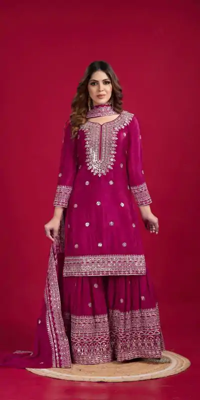 NSR-800 Pink Color Chinnon Silk With Embroidery Work Sharara Suit Wedding, Party, Festive, Events Etc.  Expected Delivery 4-6 Working Days @2149/- | Jump Suits, Casual Suits, Creative suits, Designer Suits, Palazzo Suits, Party Wear Suits, Patiala Suits, Salwar suit, Straight Suits