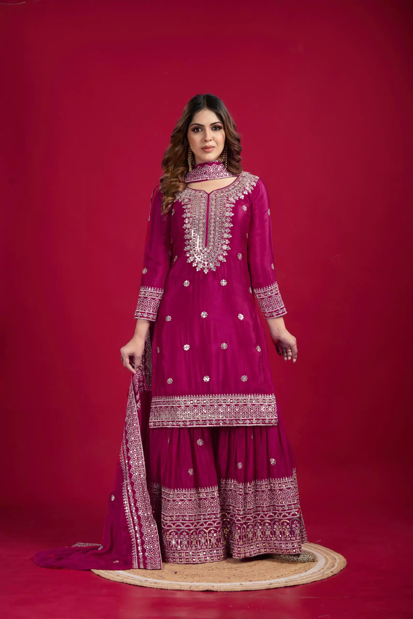 NSR-800 Pink Color Chinnon Silk With Embroidery Work Sharara Suit Wedding, Party, Festive, Events Etc.  Expected Delivery 4-6 Working Days @2149/- | Jump Suits, Casual Suits, Creative suits, Designer Suits, Palazzo Suits, Party Wear Suits, Patiala Suits, Salwar suit, Straight Suits
