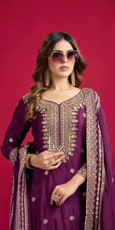 NSR-800 Purple Color Chinnon Silk With Embroidery Work Sharara Suit Wedding, Party, Festive, Events Etc.  Expected Delivery 4-6 Working Days @2149/- | Jump Suits, Casual Suits, Creative suits, Designer Suits, Palazzo Suits, Party Wear Suits, Patiala Suits, Salwar suit, Straight Suits