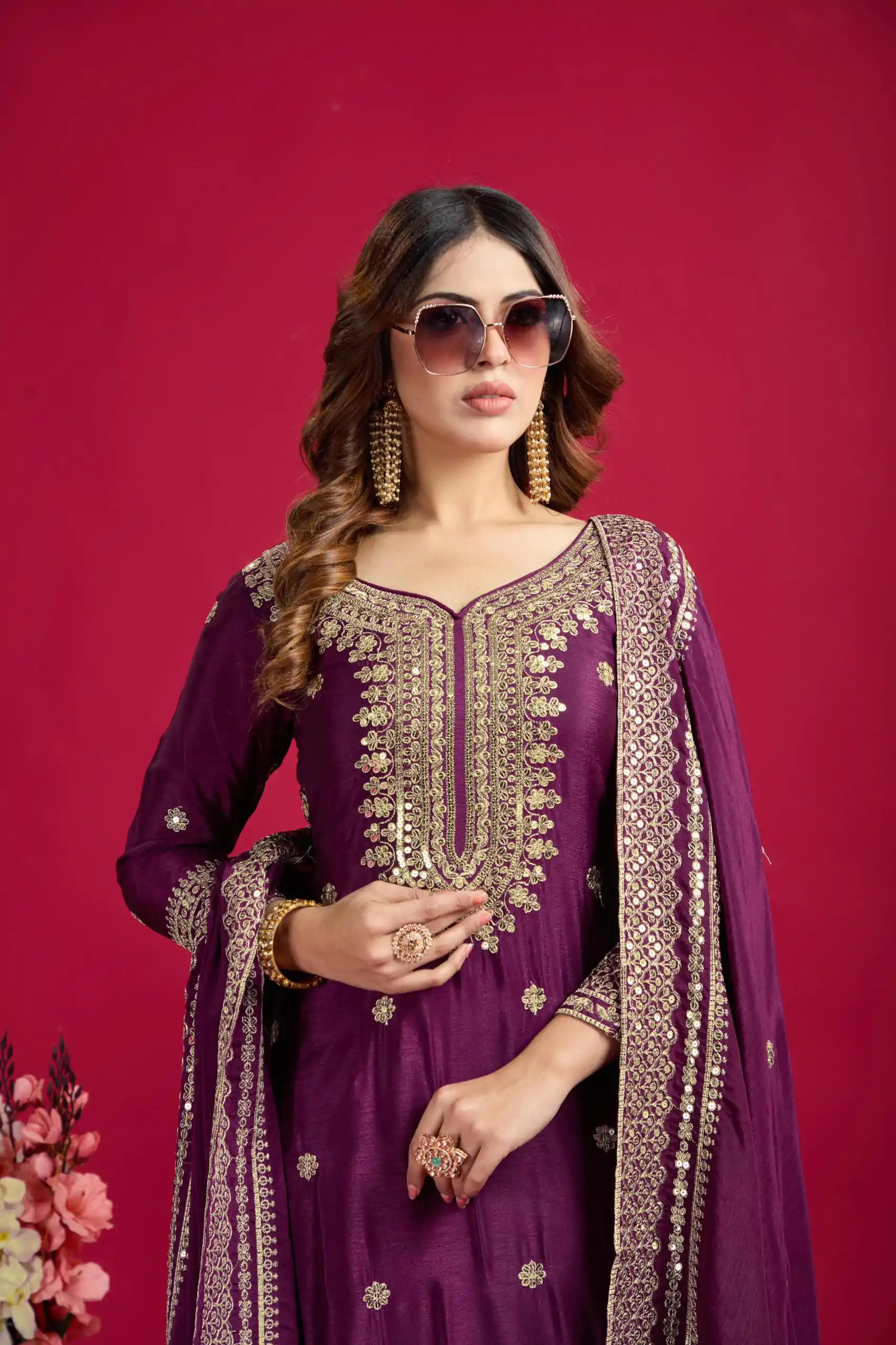 NSR-800 Purple Color Chinnon Silk With Embroidery Work Sharara Suit Wedding, Party, Festive, Events Etc.  Expected Delivery 4-6 Working Days @2149/- | Jump Suits, Casual Suits, Creative suits, Designer Suits, Palazzo Suits, Party Wear Suits, Patiala Suits, Salwar suit, Straight Suits