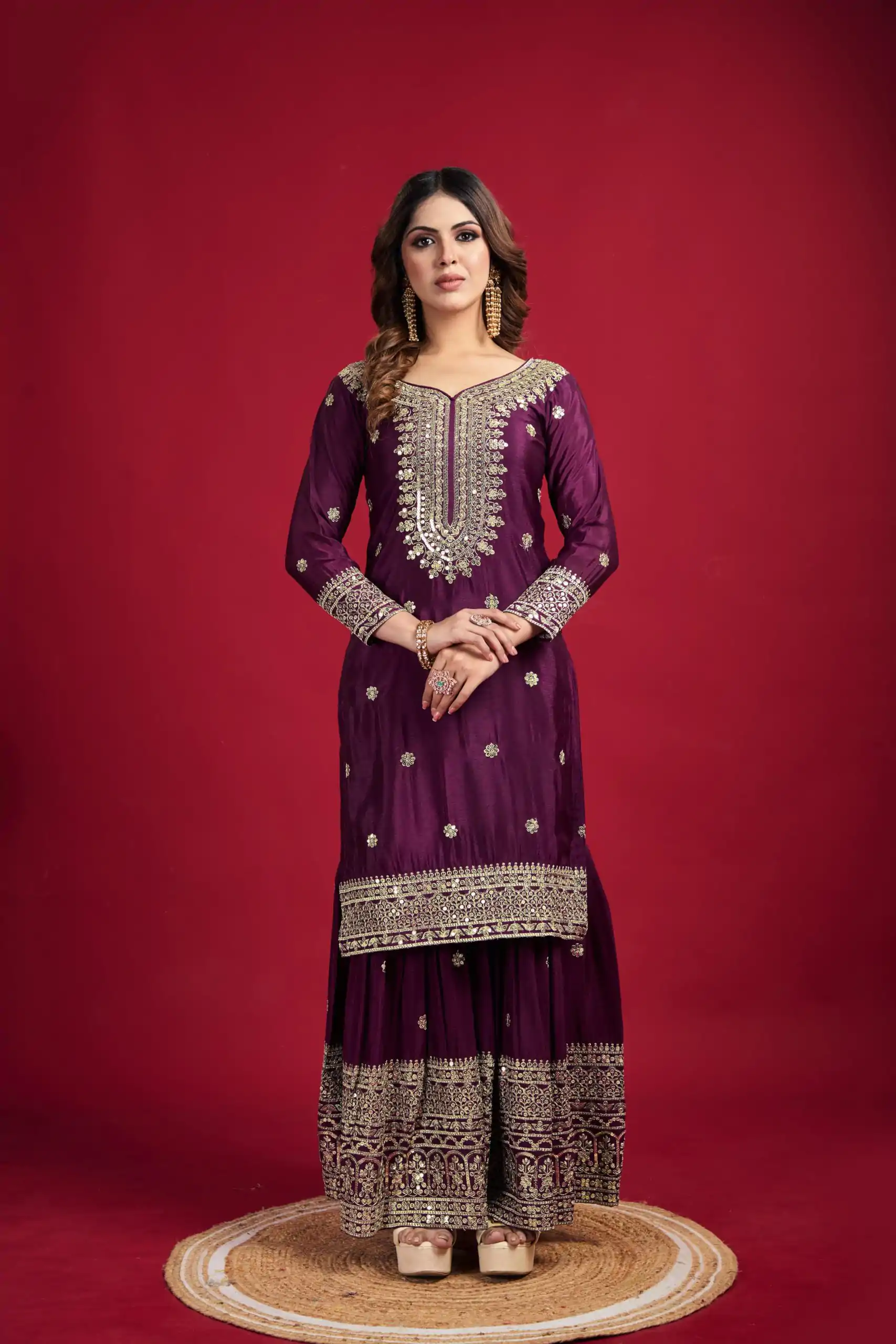 NSR-800 Purple Color Chinnon Silk With Embroidery Work Sharara Suit Wedding, Party, Festive, Events Etc.  Expected Delivery 4-6 Working Days @2149/- | Jump Suits, Casual Suits, Creative suits, Designer Suits, Palazzo Suits, Party Wear Suits, Patiala Suits, Salwar suit, Straight Suits