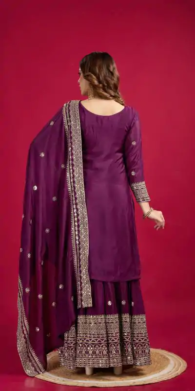 NSR-800 Purple Color Chinnon Silk With Embroidery Work Sharara Suit Wedding, Party, Festive, Events Etc.  Expected Delivery 4-6 Working Days @2149/- | Jump Suits, Casual Suits, Creative suits, Designer Suits, Palazzo Suits, Party Wear Suits, Patiala Suits, Salwar suit, Straight Suits