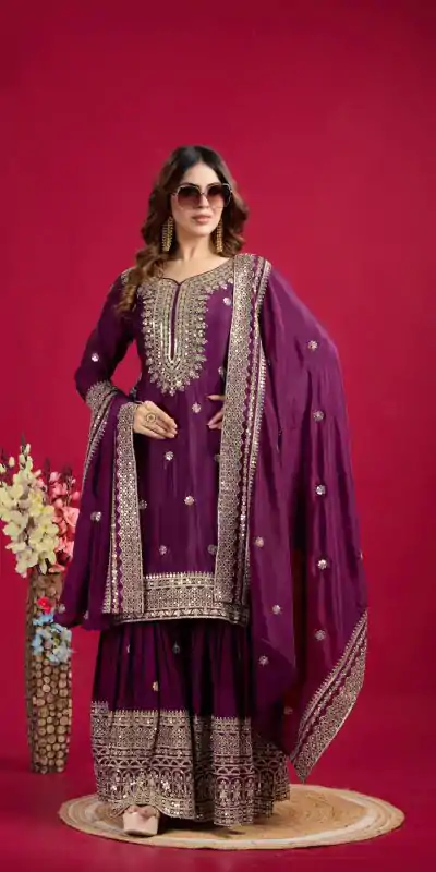NSR-800 Purple Color Chinnon Silk With Embroidery Work Sharara Suit Wedding, Party, Festive, Events Etc.  Expected Delivery 4-6 Working Days @2149/- | Jump Suits, Casual Suits, Creative suits, Designer Suits, Palazzo Suits, Party Wear Suits, Patiala Suits, Salwar suit, Straight Suits