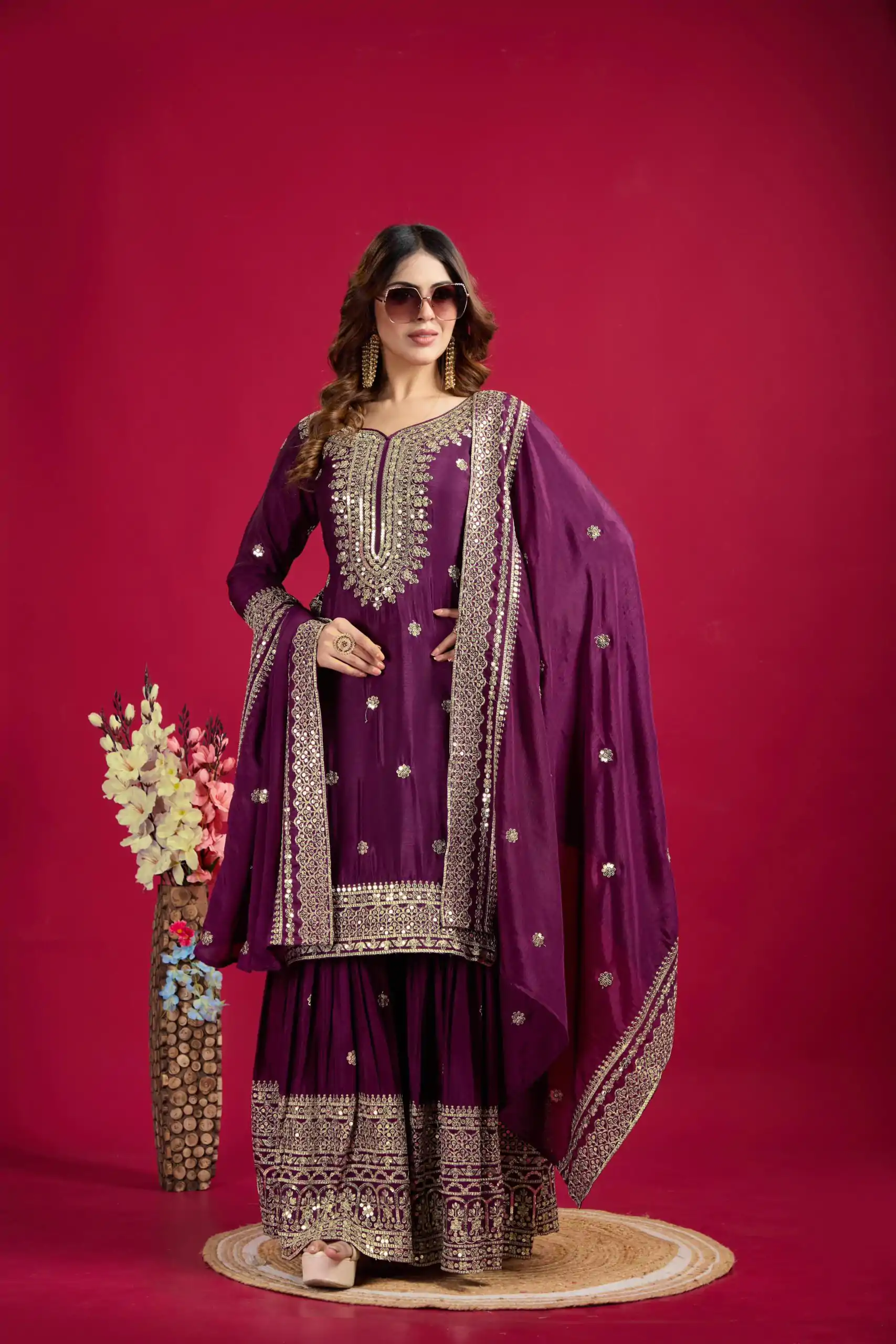 NSR-800 Purple Color Chinnon Silk With Embroidery Work Sharara Suit Wedding, Party, Festive, Events Etc.  Expected Delivery 4-6 Working Days @2149/- | Jump Suits, Casual Suits, Creative suits, Designer Suits, Palazzo Suits, Party Wear Suits, Patiala Suits, Salwar suit, Straight Suits