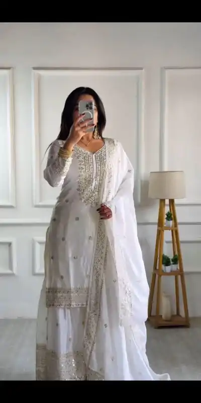 NSR-800 White Color Chinnon Silk With Embroidery Work Sharara Suit Wedding, Party, Festive, Events Etc.  Expected Delivery 4-6 Working Days @2149/- | Jump Suits, Casual Suits, Creative suits, Designer Suits, Palazzo Suits, Party Wear Suits, Patiala Suits, Salwar suit, Straight Suits