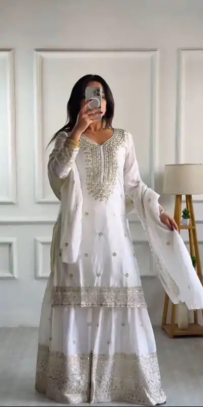 NSR-800 White Color Chinnon Silk With Embroidery Work Sharara Suit Wedding, Party, Festive, Events Etc.  Expected Delivery 4-6 Working Days @2149/- | Jump Suits, Casual Suits, Creative suits, Designer Suits, Palazzo Suits, Party Wear Suits, Patiala Suits, Salwar suit, Straight Suits