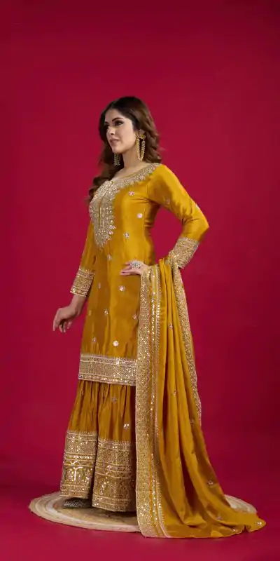 NSR-800 Yellow Color Chinnon Silk With Embroidery Work Sharara Suit Wedding, Party, Festive, Events Etc.  Expected Delivery 4-6 Working Days @2149/- | Jump Suits, Casual Suits, Creative suits, Designer Suits, Palazzo Suits, Party Wear Suits, Patiala Suits, Salwar suit, Straight Suits