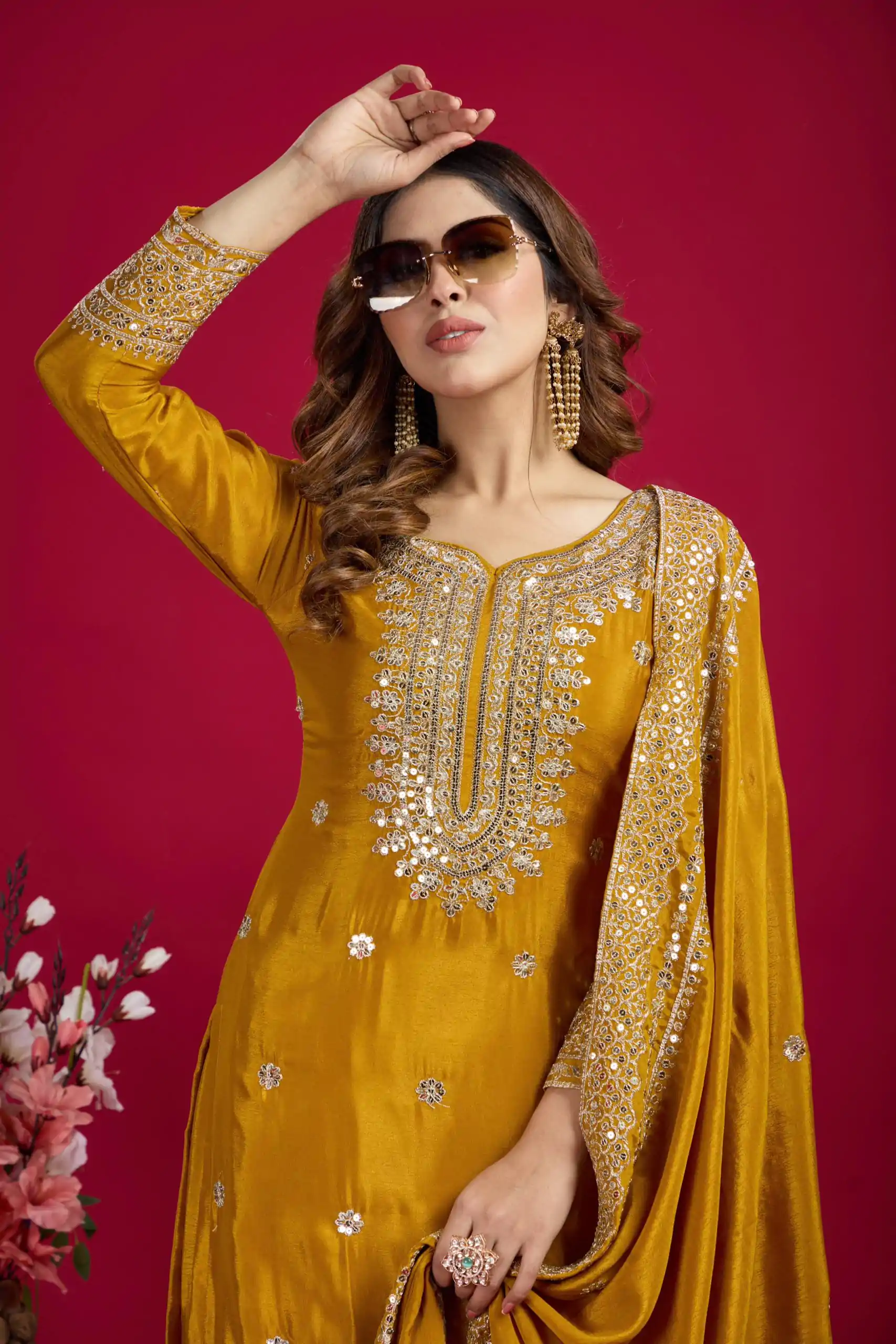 NSR-800 Yellow Color Chinnon Silk With Embroidery Work Sharara Suit Wedding, Party, Festive, Events Etc.  Expected Delivery 4-6 Working Days @2149/- | Jump Suits, Casual Suits, Creative suits, Designer Suits, Palazzo Suits, Party Wear Suits, Patiala Suits, Salwar suit, Straight Suits