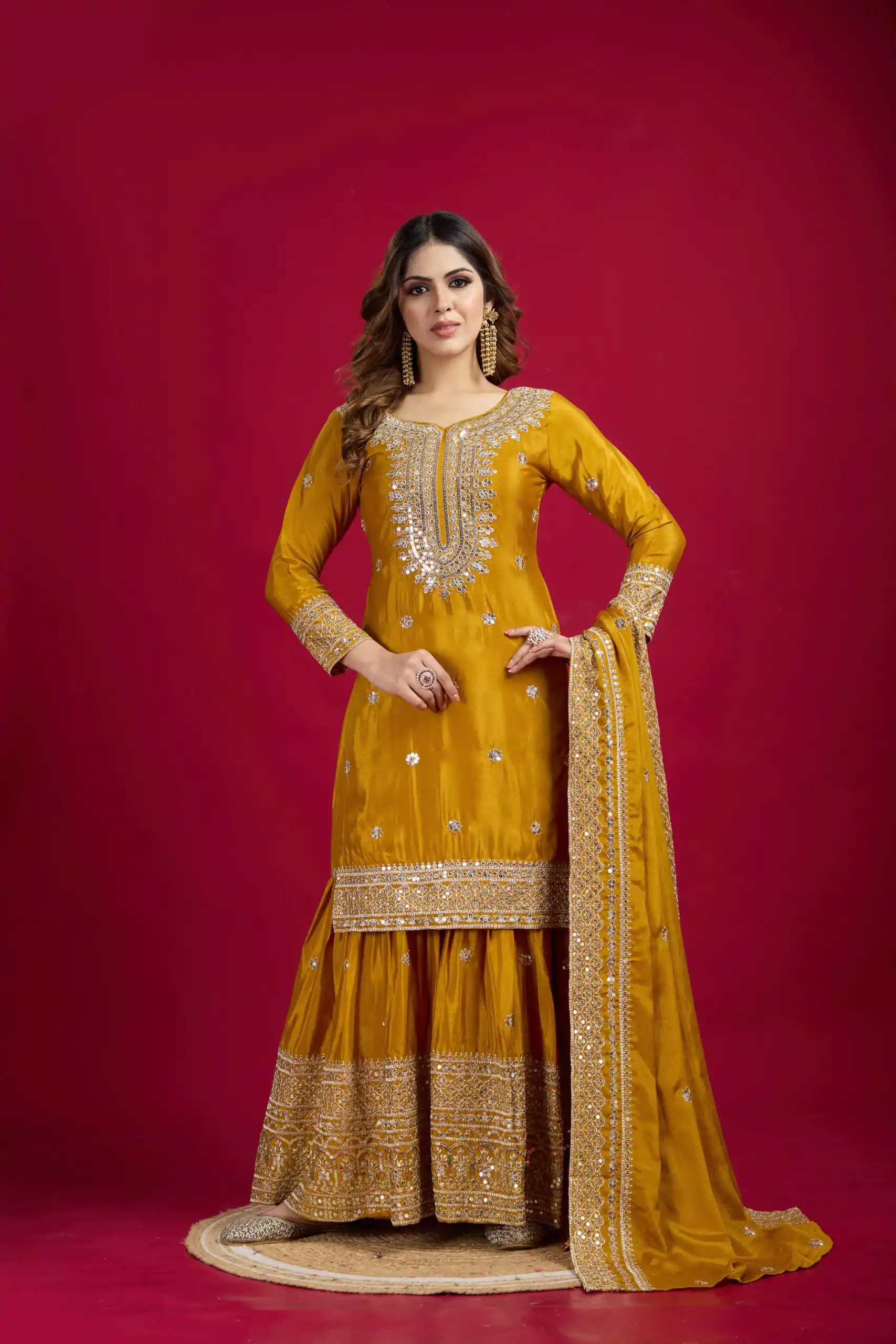NSR-800 Yellow Color Chinnon Silk With Embroidery Work Sharara Suit Wedding, Party, Festive, Events Etc.  Expected Delivery 4-6 Working Days @2149/- | Jump Suits, Casual Suits, Creative suits, Designer Suits, Palazzo Suits, Party Wear Suits, Patiala Suits, Salwar suit, Straight Suits