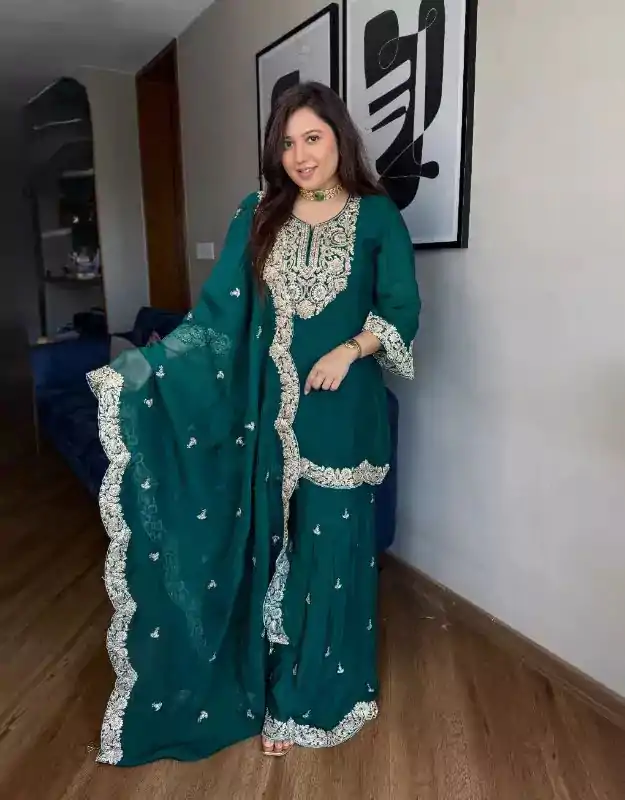 SRK 5231 Dark green Color Chinnon Silk With Embroidery Sequence Work Salwar Suit Casual, Wedding, Party, Festive, Events Etc.4-6 Working Days@ 2099/-only | Jump Suits, Casual Suits, Creative suits, Designer Suits, Palazzo Suits, Party Wear Suits, Patiala Suits, Salwar suit, Straight Suits