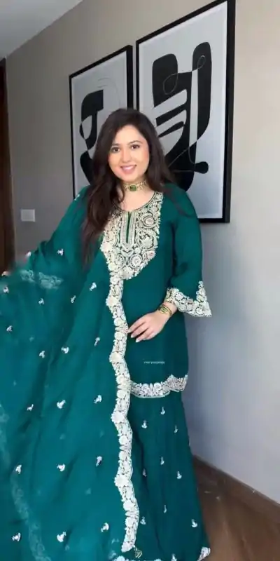 SRK 5231 Dark green Color Chinnon Silk With Embroidery Sequence Work Salwar Suit Casual, Wedding, Party, Festive, Events Etc.4-6 Working Days@ 2099/-only | Jump Suits, Casual Suits, Creative suits, Designer Suits, Palazzo Suits, Party Wear Suits, Patiala Suits, Salwar suit, Straight Suits