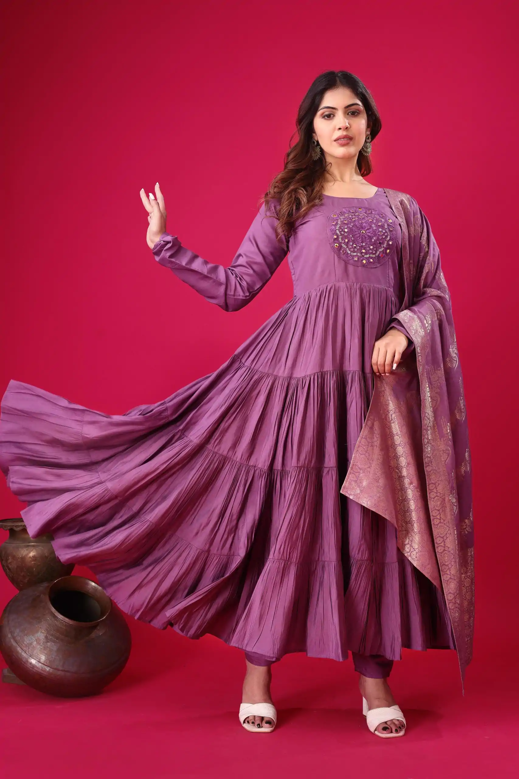 ZSR 3107 Purple Color Roman Silk With Embroidery Sequence Work Anarkali Gown Wedding Party, Festive, Events Etc.4-6 Working Days@1999/- only | Bollywood Gowns, Creative Gowns, Designer Gowns, Embroidered Gowns, Gowns, Party Wear Gowns, Straight Suits