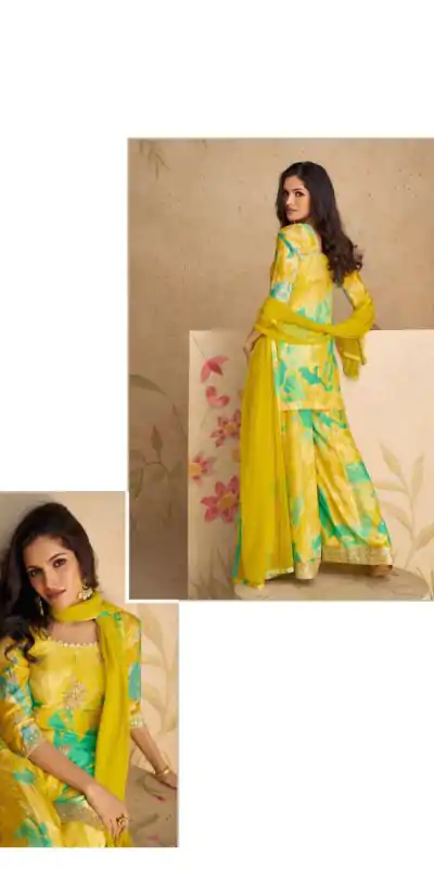 FC 5541 Mustad Yellow Color chinon Print Silk with Dall Crepe Sharara Suit Wedding, Party, Festive, Events Etc.  Expected Delivery 4-6 Working Days @2099/- | Jump Suits, Casual Suits, Creative suits, Designer Suits, Palazzo Suits, Party Wear Suits, Patiala Suits, Salwar suit, Straight Suits