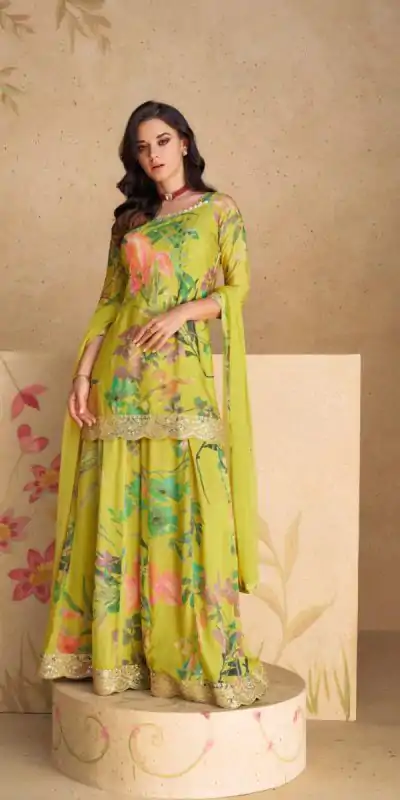 FC 5538 Perrot Green Color chinon Print Silk with Dall US Crepe Sharara Suit Wedding, Party, Festive, Events Etc.  Expected Delivery 4-6 Working Days @2099/- | Jump Suits, Casual Suits, Creative suits, Designer Suits, Palazzo Suits, Party Wear Suits, Patiala Suits, Salwar suit, Straight Suits