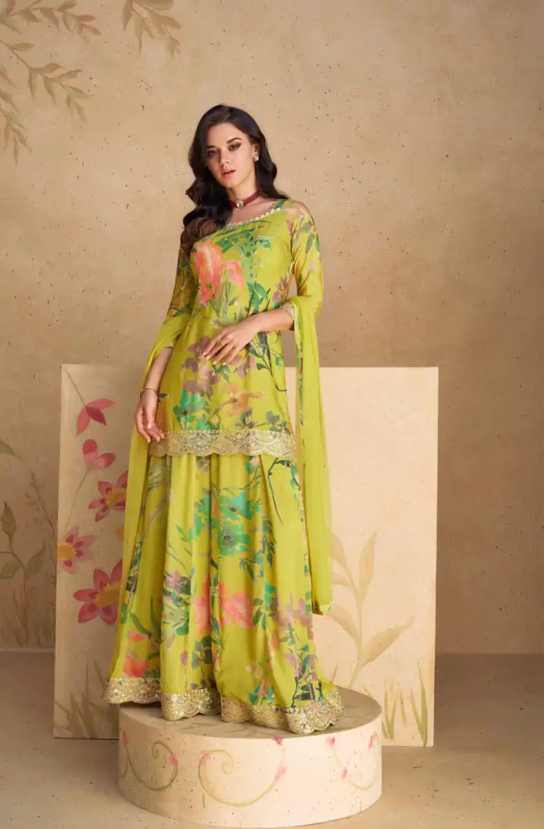 FC 5538 Perrot Green Color chinon Print Silk with Dall US Crepe Sharara Suit Wedding, Party, Festive, Events Etc.  Expected Delivery 4-6 Working Days @2099/- | Jump Suits, Casual Suits, Creative suits, Designer Suits, Palazzo Suits, Party Wear Suits, Patiala Suits, Salwar suit, Straight Suits