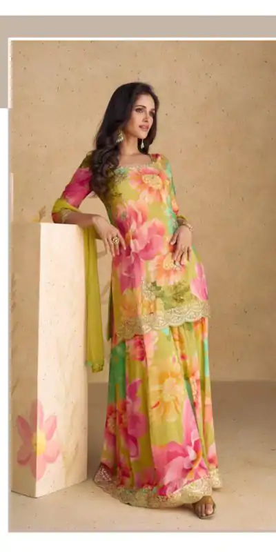 FC 5542 Pink Color chinon Print Silk with Dall Crepe Sharara Suit Wedding, Party, Festive, Events Etc.  Expected Delivery 4-6 Working Days @2099/- | Jump Suits, Casual Suits, Creative suits, Designer Suits, Palazzo Suits, Party Wear Suits, Patiala Suits, Salwar suit, Straight Suits