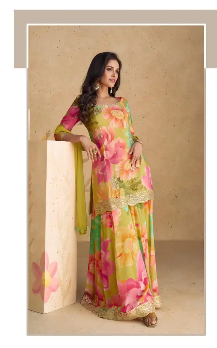 FC 5542 Pink Color chinon Print Silk with Dall Crepe Sharara Suit Wedding, Party, Festive, Events Etc.  Expected Delivery 4-6 Working Days @2099/- | Jump Suits, Casual Suits, Creative suits, Designer Suits, Palazzo Suits, Party Wear Suits, Patiala Suits, Salwar suit, Straight Suits