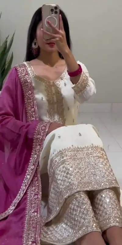 SRK 5140 White Color Chinnon Silk With Heavy Embroidery Sequence Work Salwar Suit Casual, Wedding, Party, Festive, Events Etc.4-6 Working Days@ 1899/-only | Jump Suits, Casual Suits, Creative suits, Designer Suits, Palazzo Suits, Party Wear Suits, Patiala Suits, Salwar suit, Straight Suits