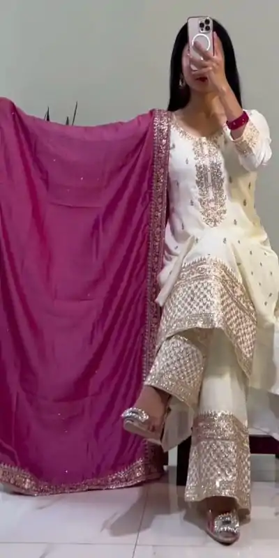 SRK 5140 White Color Chinnon Silk With Heavy Embroidery Sequence Work Salwar Suit Casual, Wedding, Party, Festive, Events Etc.4-6 Working Days@ 1899/-only | Jump Suits, Casual Suits, Creative suits, Designer Suits, Palazzo Suits, Party Wear Suits, Patiala Suits, Salwar suit, Straight Suits