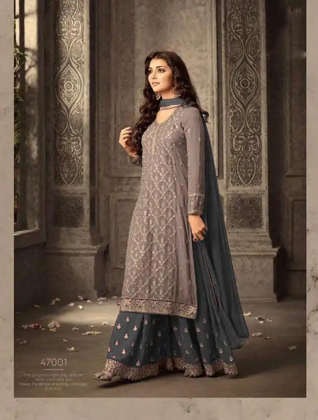 FC 47001 Grey Color Georgette With Embroidery work With Stone Suit Casual, Wedding, Party, Festive, Events Etc.4-6 Working Days@ 1849/-only | Jump Suits, Casual Suits, Creative suits, Designer Suits, Palazzo Suits, Party Wear Suits, Patiala Suits, Salwar suit, Straight Suits