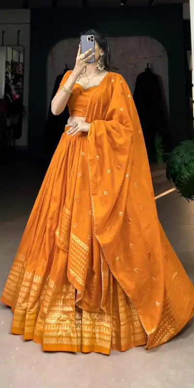 LNB 1906 Orange Color Pure Chanderi Plain With Zari Weaving Work Border Lehenga Choli Wedding, Party, Festive, Events Etc. Delivery 4-6 Working Days Rs 1999 | Bollywood Lehenga, Creative Lehenga, Designer Lehenga, Embroidered Lehenga, Lehenga, Party Wear Lehenga