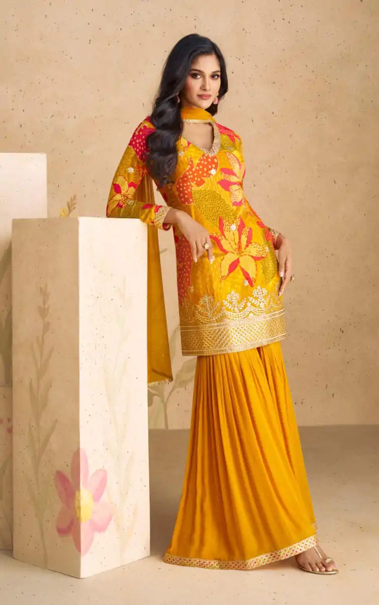 FC 5540 Yellow Color chinon Print Silk with Dall US Crepe Sharara Suit Wedding, Party, Festive, Events Etc.  Expected Delivery 4-6 Working Days @2099/- | Jump Suits, Casual Suits, Creative suits, Designer Suits, Palazzo Suits, Party Wear Suits, Patiala Suits, Salwar suit, Straight Suits