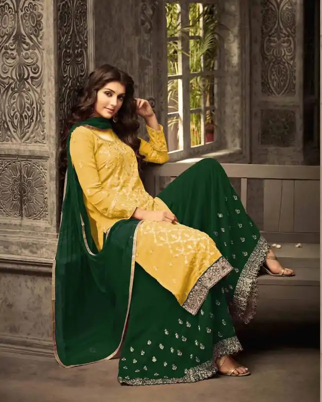 FC 47001 Yellow Color Georgette With Embroidery work With Stone Suit Casual, Wedding, Party, Festive, Events Etc.4-6 Working Days@ 1849/-only | Jump Suits, Casual Suits, Creative suits, Designer Suits, Palazzo Suits, Party Wear Suits, Patiala Suits, Salwar suit, Straight Suits