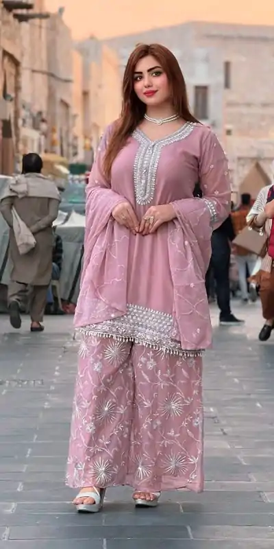 NSR 836 Light Pink Color Faux Georgette With Embroidery Sharara Suit Wedding, Party, Festive, Events Etc.  Expected Delivery 4-6 Working Days @2049/- | Jump Suits, Casual Suits, Creative suits, Designer Suits, Palazzo Suits, Party Wear Suits, Patiala Suits, Salwar suit, Straight Suits